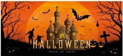 Halloween Dekoration, Banner med Uhyggelig Spøgelseshus 400x180cm, kæmpe stor, g