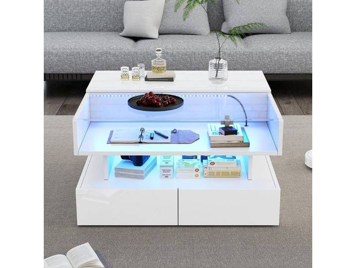 Table basse blanc 80x80x45 cm réglable 2 tiroirs LED verre