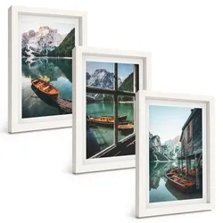 BILDER SET 3er Set - 20x30 cm Weißer Rahmen - Bootshaus am Bergsee