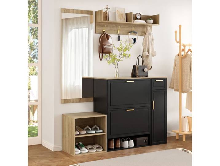 Ensemble d'entrée 4 pièces 139 5 x 35 x 166 cm meuble à chaussures banc panneau mural et miroir noir naturel