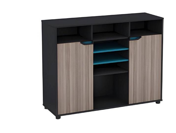 JVmoebel Sideboard Modernes Sideboard in Holzoptik Schwarz-Braun mit blauen Regalen, Made in Europe