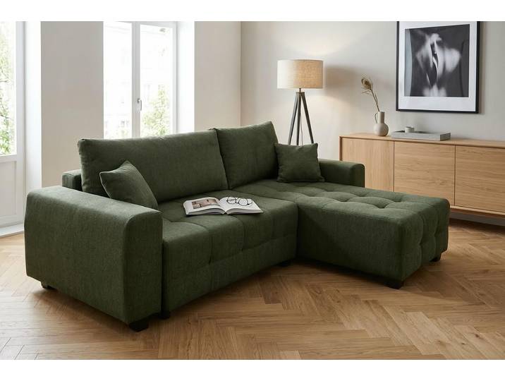 Ecksofa OTTO HOME Bella Couch L-Form, B: 234 cm, Zierkissen inklusive , grün, B:234cm H:87cm T:162cm, 100%Polyester, Sofas, Ecksofa, optional Schlaffunktion & Bettkasten, Wohnkomfort