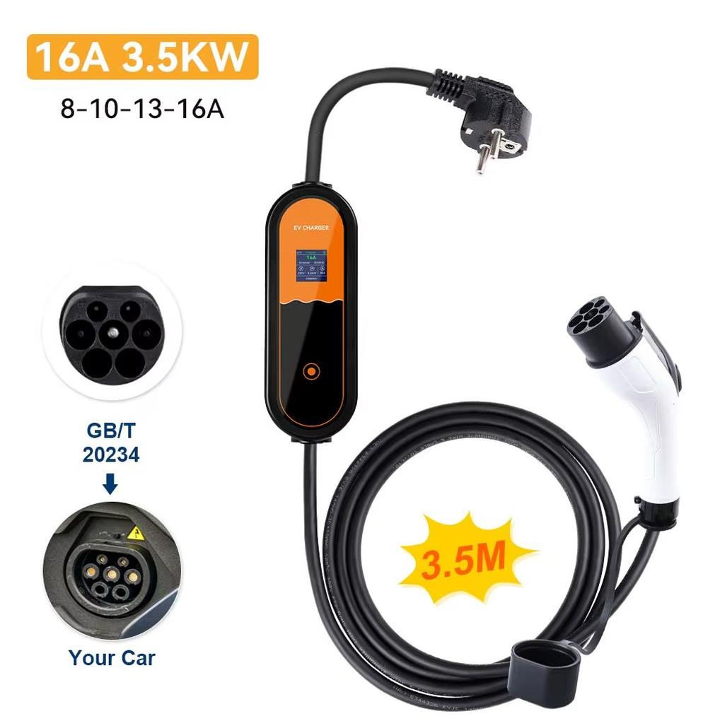 Tragbares Elektroauto-Ladegerät - GB/T 16 A einphasig - 3,5 kW - 3 m Kabel - IP55 - 86-265 V