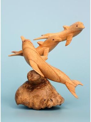 G6 Collection Wooden Hand Carved 3 Dolphins Statue Sculpture Wood Decorative Home Decor Accent Figurine Handcrafted Handmade Tropical Nauti
