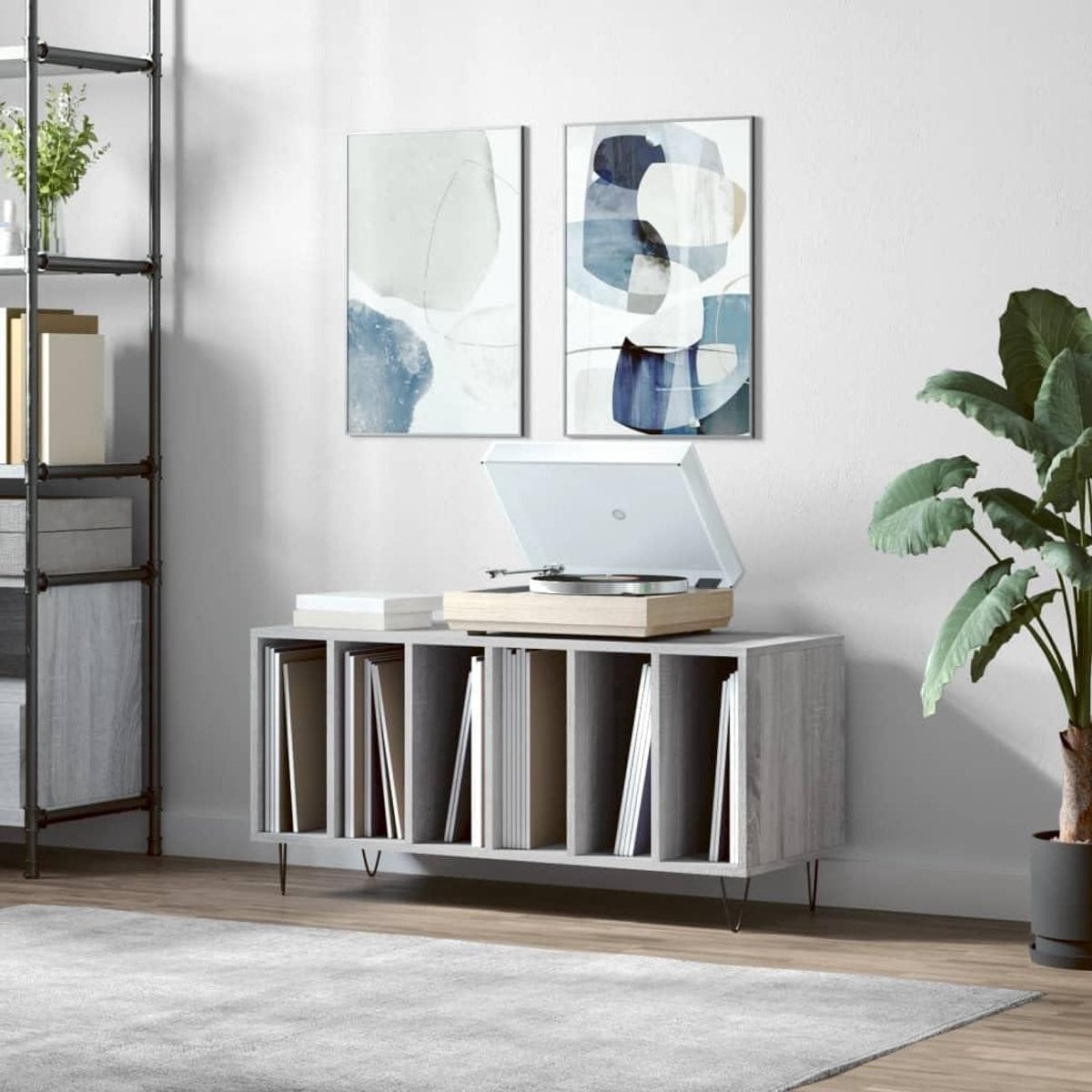 Grijs Platenkast Muziekmeubel voor Vinyl Opslag met Industriële Voetjes, Breedte: 100 cm