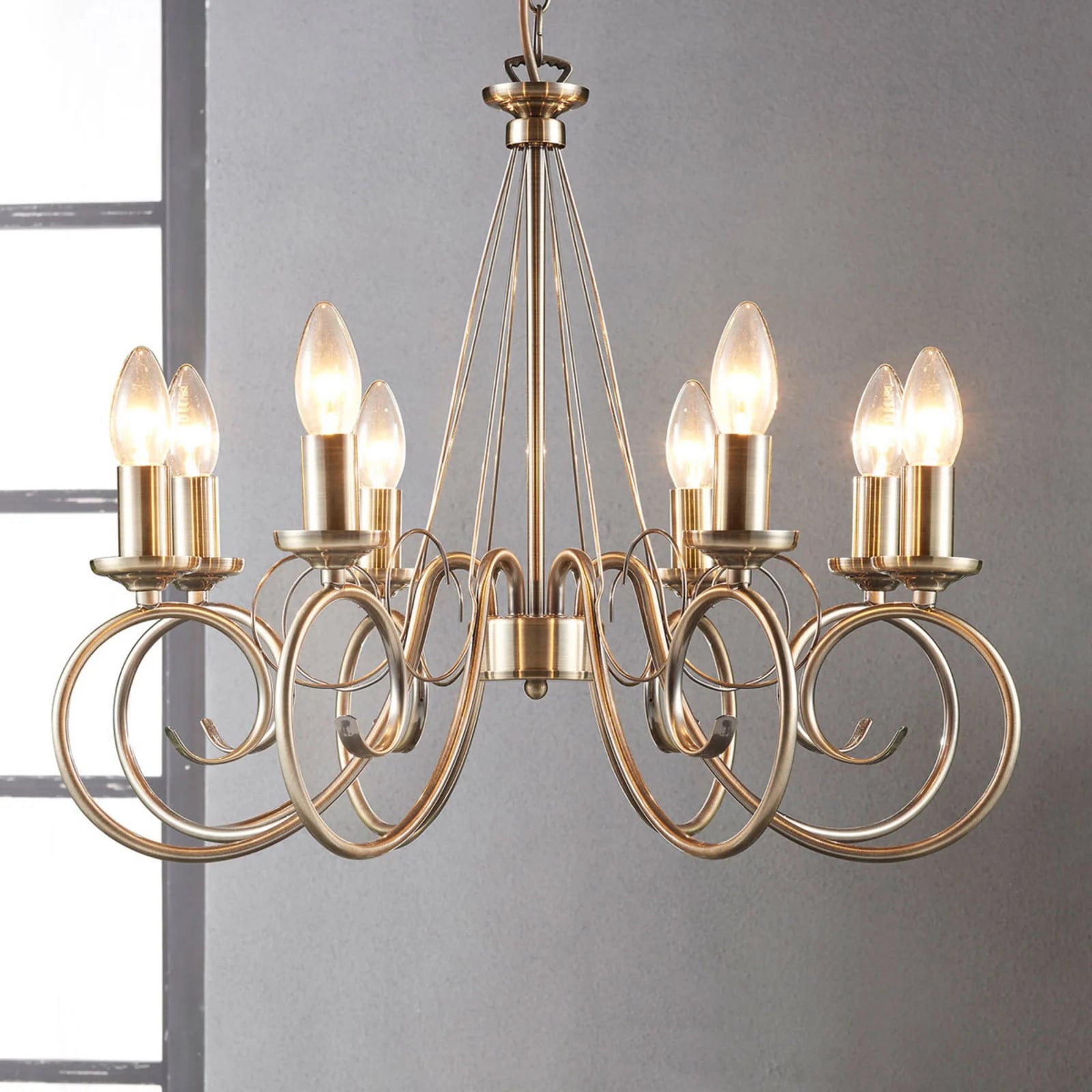 Lindby Marnia Kroonluchter met 8 lampen, Brons/Messing, Dimbaar