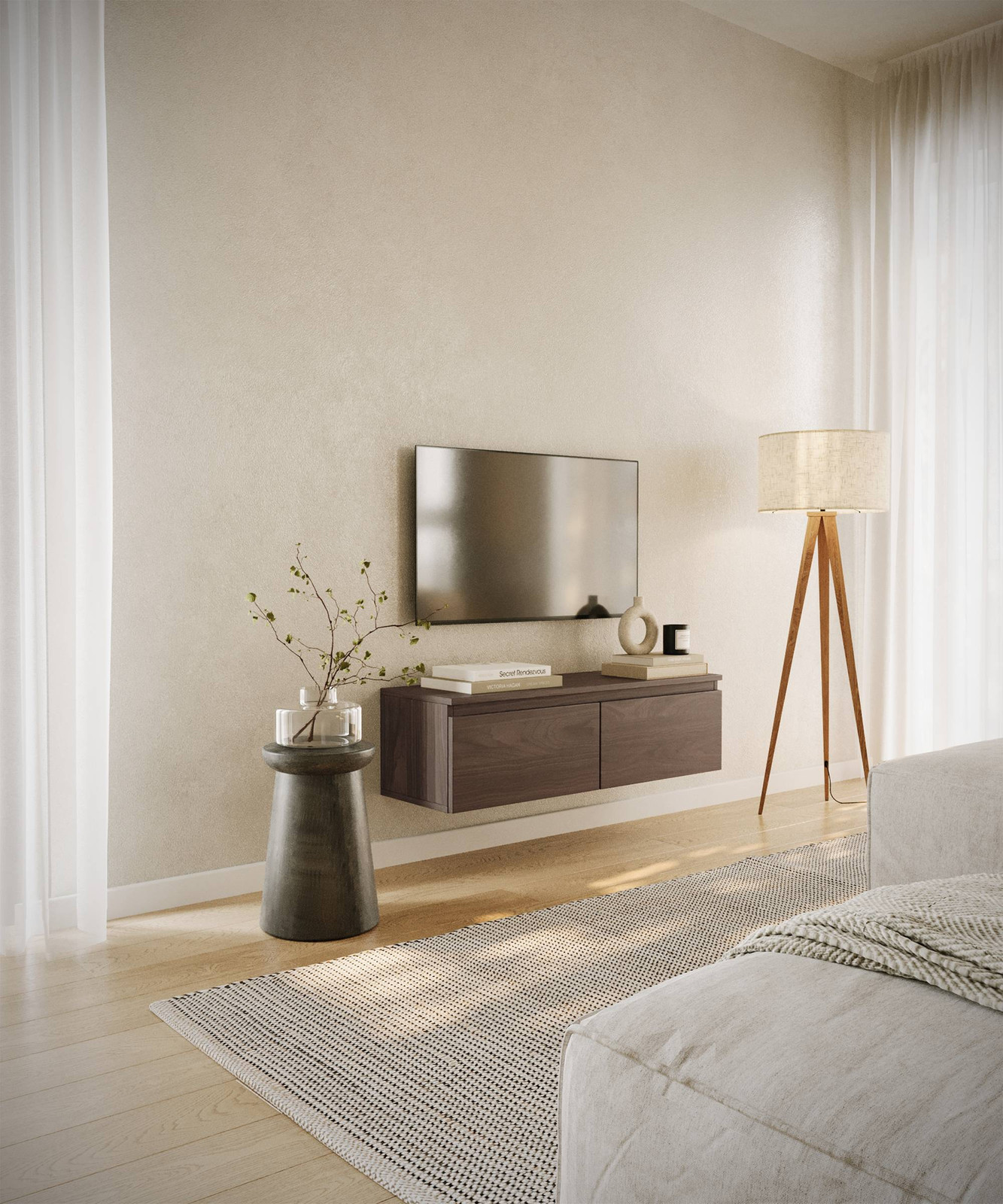 home24 Zwevend tv-meubel Bemmi, bruin walnootlook, Breedte: 100 cm