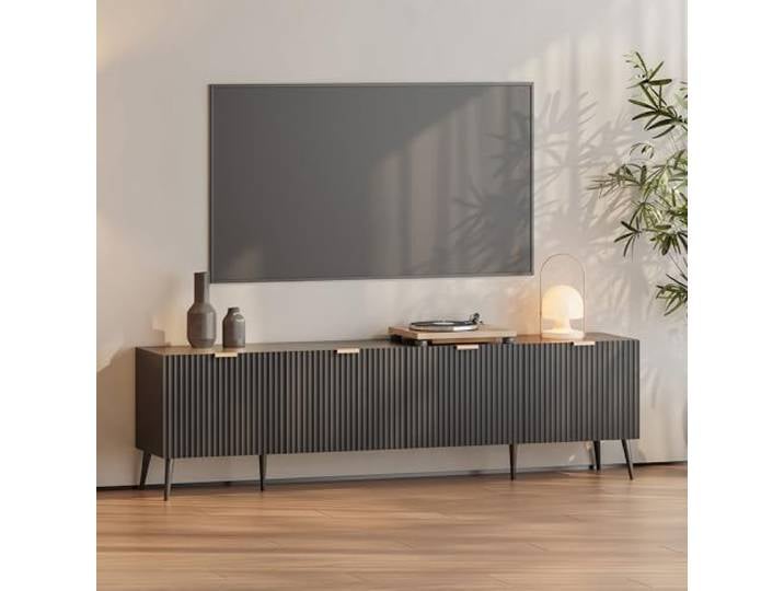 [en.casa] TV Schrank Nand Lowboard mit 4 Türen geriffelt Fernsehschrank 180 x 35 x 51 cm Sideboard Kommode Fernsehtisch Schwarz