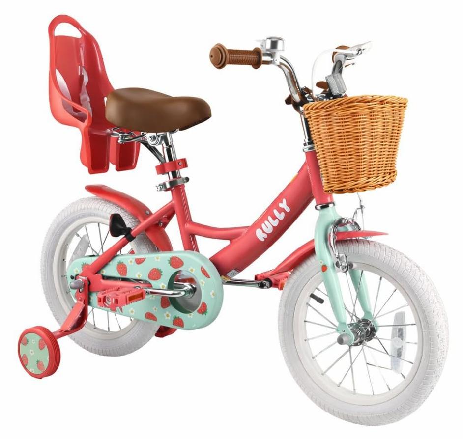 Kinderfahrrad 14 Zoll, Mädchen, mit Stützrädern, Korb, rosa