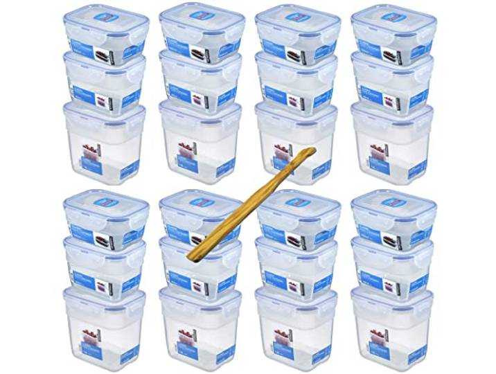 Lock&Lock Frischhaltedosen-Set 24-teilig gleiche Deckel (8X 550ml-Box, 8X 800ml-Box, 8X 1L-Box) stapelbar, leer ineinander schachtelbar und SeleXions Multifunktion Olivenholz Spachtel