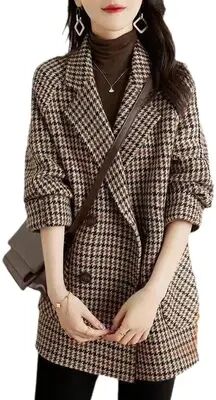 Rare Purchases Women's Thousand Birds Plaid Woolen Jacket, Autumn Winter New Style, Fleece Lined Medium Length Overcoat s coffee