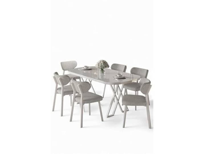 Hanah Home Modern 7-Piece Dining Table & Chairs Set, White & Grey, 100% MDF with Metal Legs, Boucle Fabric, Scandinavian Design Table: 168x90x76 cm, Chairs: 46x85x45 cm