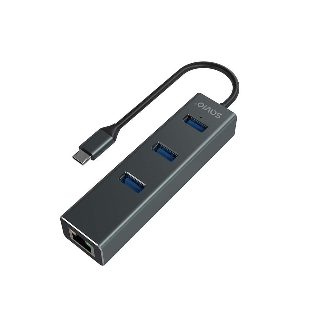 Savio AK-57 USB-C USB-hub met 3x USB-A poorten en RJ-45 Gigabit Ethernet adapter, 5000 Mbit/s, grijs