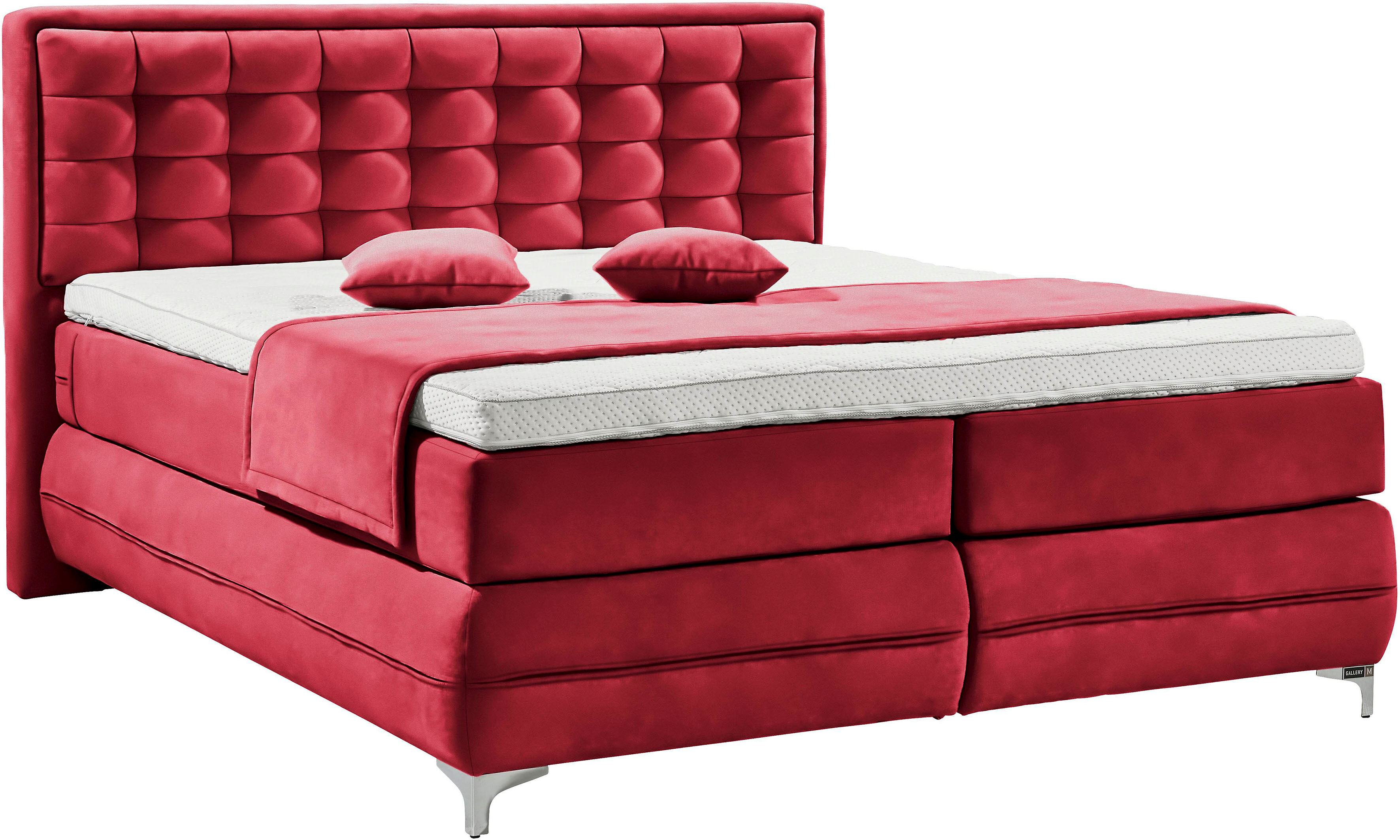 Boxspringbett MUSTERRING "Dubai", rot (d 521 rot), B:177cm L:214cm, Komplettbetten, Boxspringbett, Winkelfuss in Chrom, 3 Härtegrade, Kopfteil in Kassettensteppung d 521 rot Microfaser TYPD Tonnentaschenfederkern-Unterpolsterung, Liegefläche B/L: 160cm x 