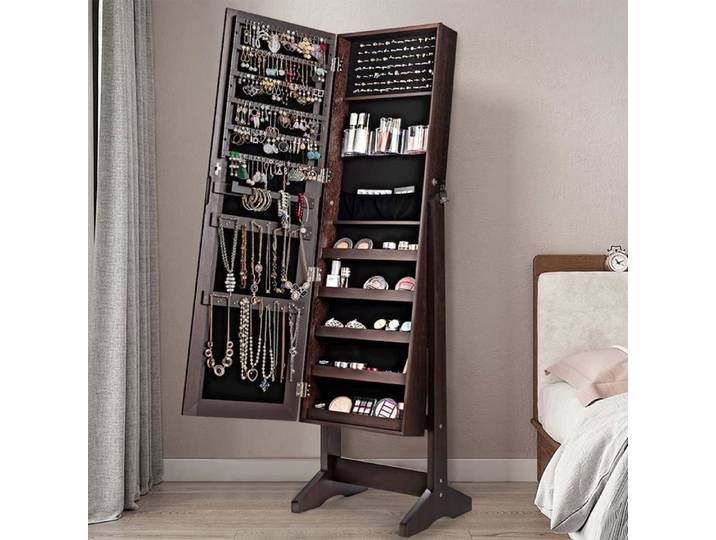 Armoire à bijoux de sol verrouillable 2 en 1 avec miroir et compartiments - GIANTEX - Blanc