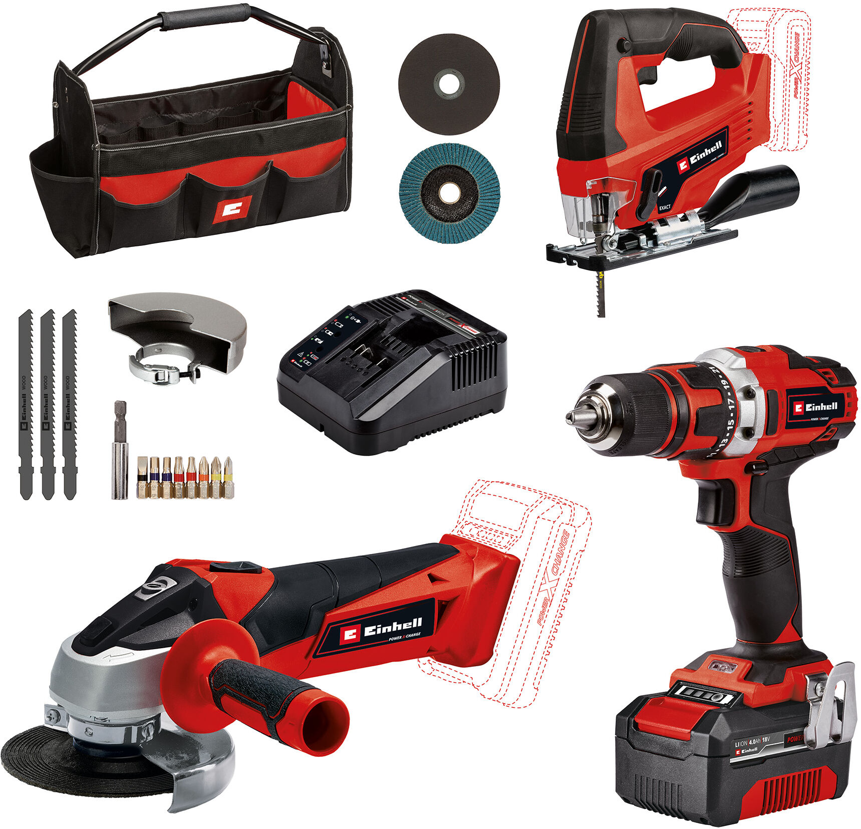Elektrowerkzeug-Set EINHELL "TE-TK 18/3 Li Kit (JS+CD+AG)", rot (rot, schwarz, weiß), Werkzeugmaschinen-Sets, Akku-Bohrschrauber, -Winkelschleifer und -Stichsäge, Tasche