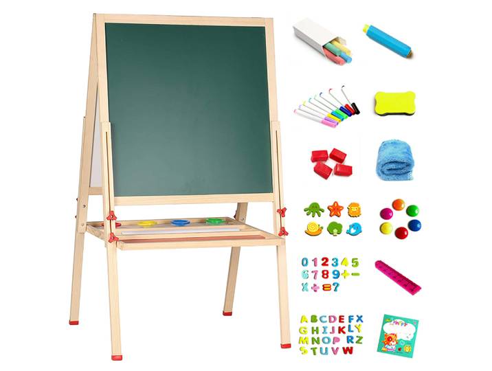 Tableau de dessin en bois double face 3-en-1, tableau noir et blanc réglable en hauteur, chevalet de peinture tout-en-un avec accessoires