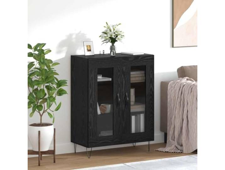 HEFZGDB Klassisches Sideboard Schwarz Eichen-Optik 69,5x34x90 cm mit viel Stauraum und Glasdesign zur Aufbewahrung und Präsentation - Sideboard aus Holzwerkstoff mit Metallfüßen im