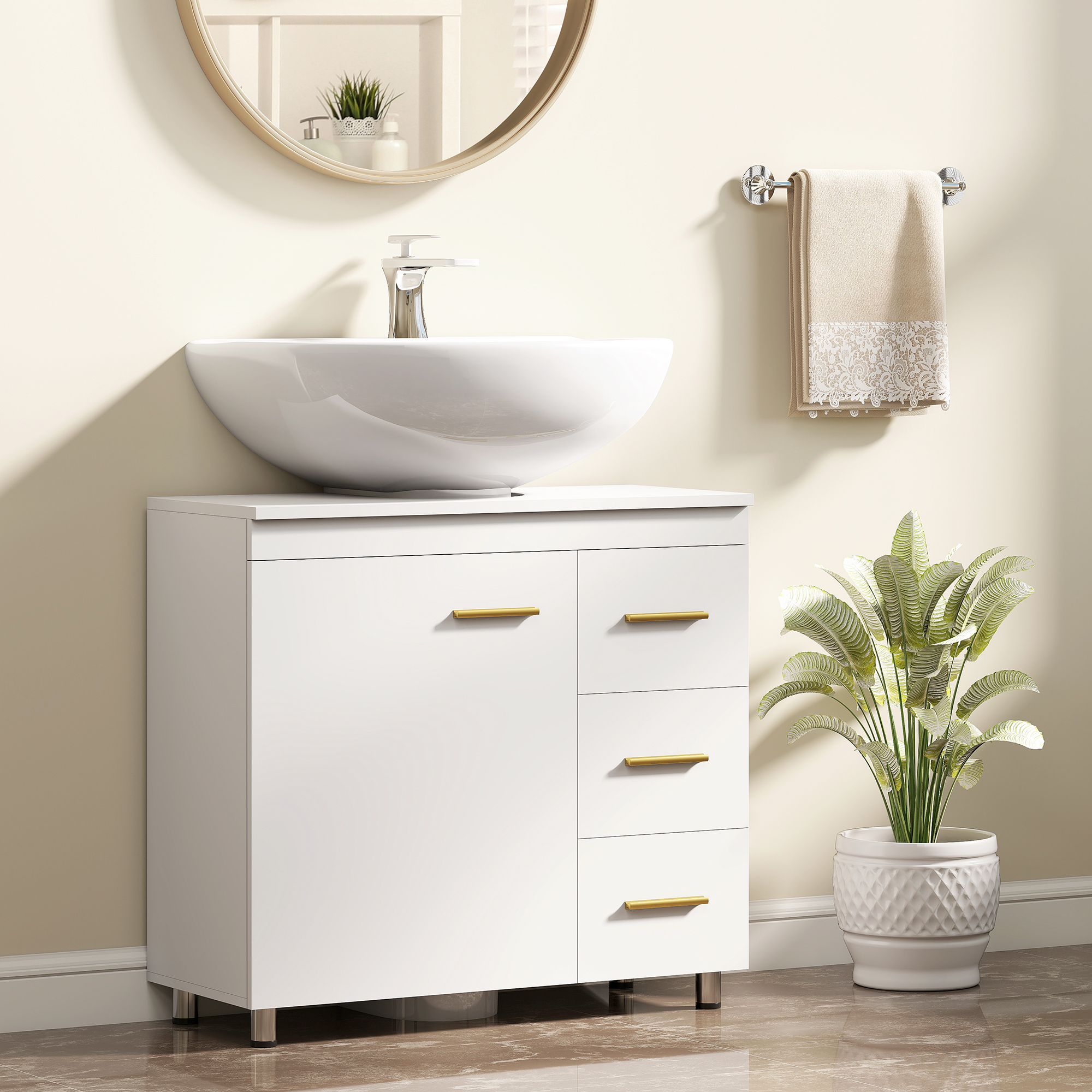 Homcom Mobile Moderno Sottolavabo con Intaglio a U, Armadietto e 3 Cassetti, Chiusura Ammortizzata, 70x30x65 cm, Bianco   Aosom Italy