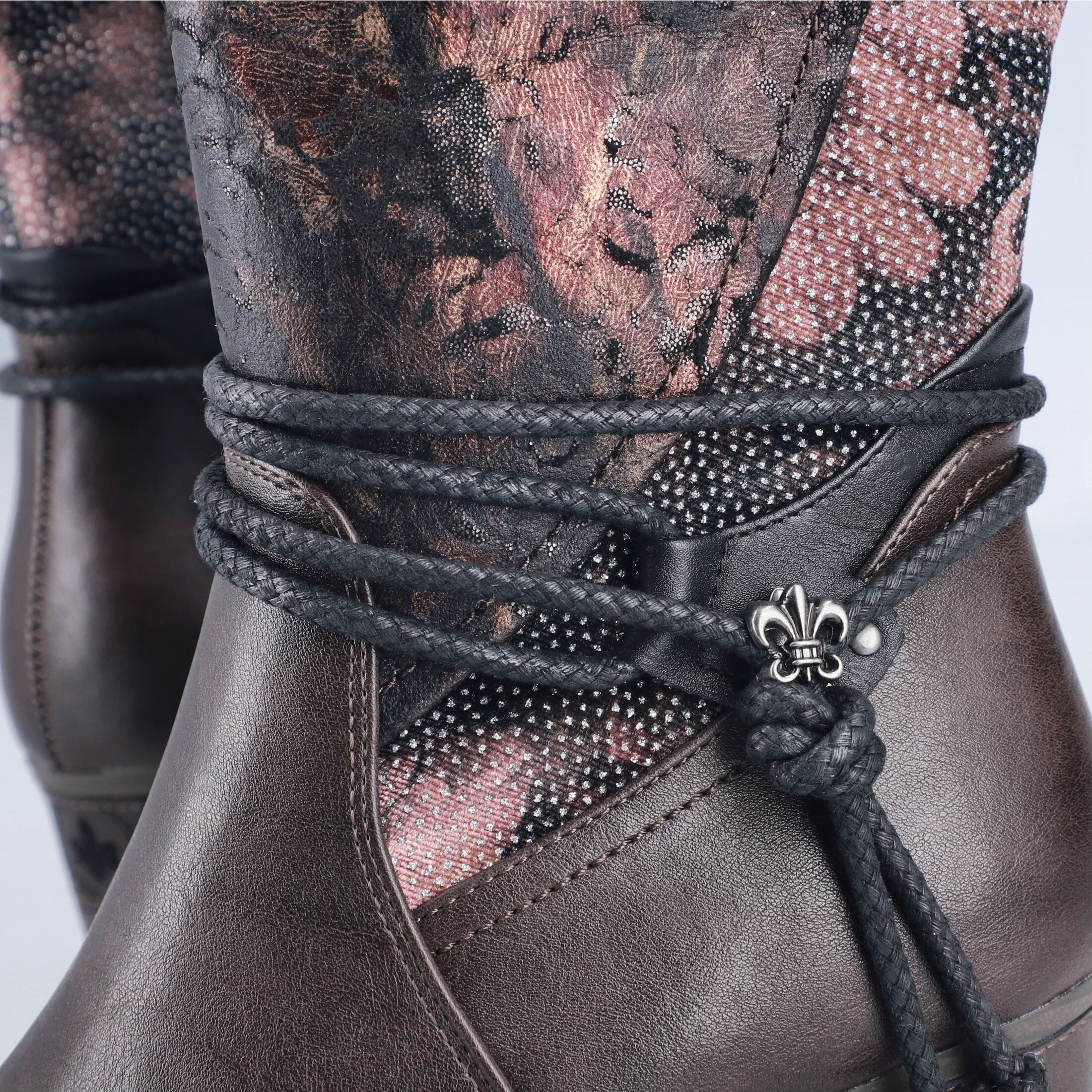 Stiefel RIEKER, Damen, Gr. 39, Warmfutter, XL-Schaft, dunkelbraun, multi, Lederimitat, geblümt, Schuhe Stiefel, Langschaftstiefel, mit Zierbänder, XL-Schaft