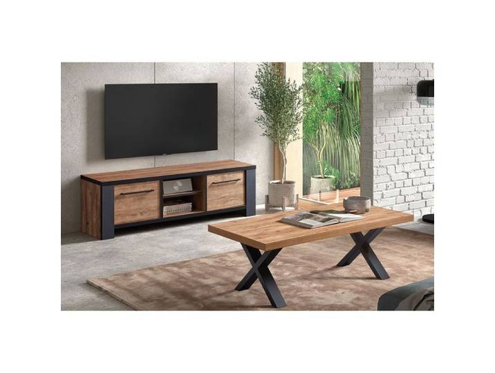 ETIENNE - Ensemble Salon Meuble TV et Table Basse Aspect Bois Piètement X Métal Noir