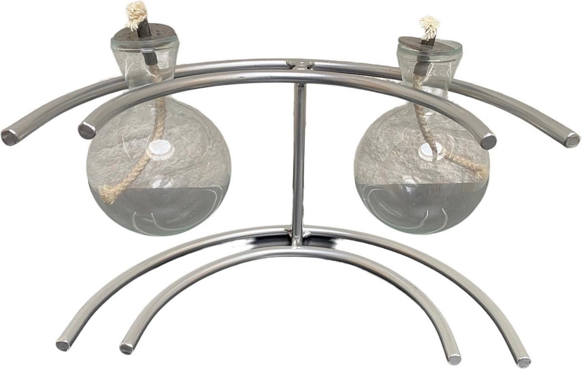 In & Out Deco Olielamp met twee glazen bollen en gebogen houder, aluminium