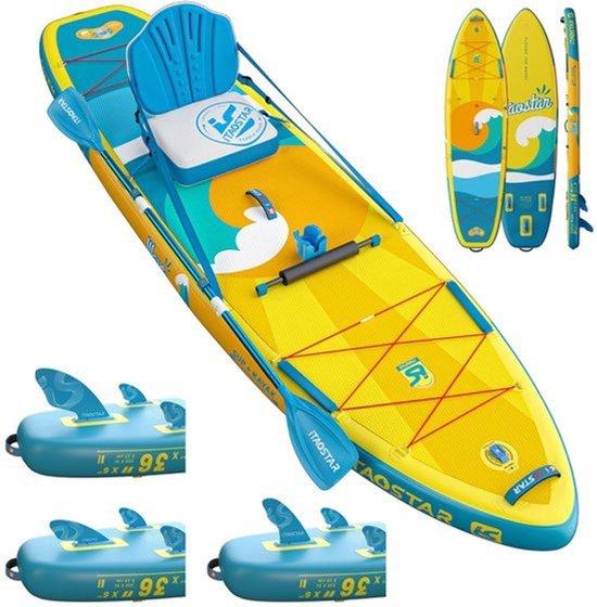 Aufblasbares SUP-Board, Gelb - Extra breit, 351 x 91 cm - 6 Zoll Dicke - PVC-EVA-Material - Für Stand-Up-Paddling und Surfen