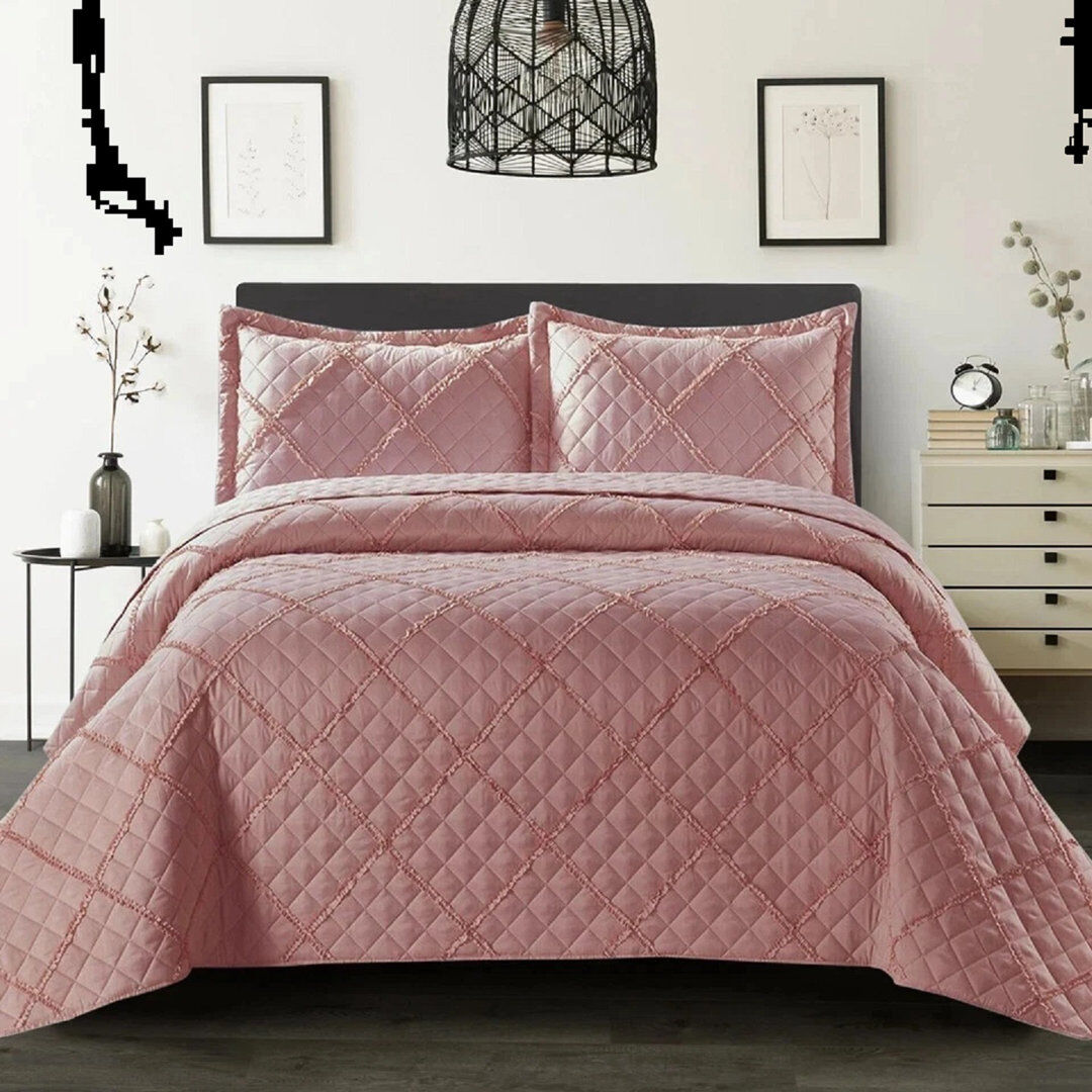 ZASH LONDON Luxury Quilted Modern Ruffle Bedspread Box Pattern Soft Comforter Bedding Set With Pillow Shams Pink Double