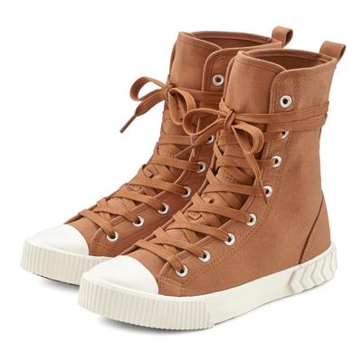 Stiefelette LASCANA "High-Top Sneaker, Textil-Boot, Herbststiefelette, Schnürschuh", Damen, Gr. 36, braun (camelfarben), Obermaterial: 100% Textilmaterial. Decksohle: 100% Textilmaterial. Futter: 100% Textilmaterial. Laufsohle: 100% Synthetik,...