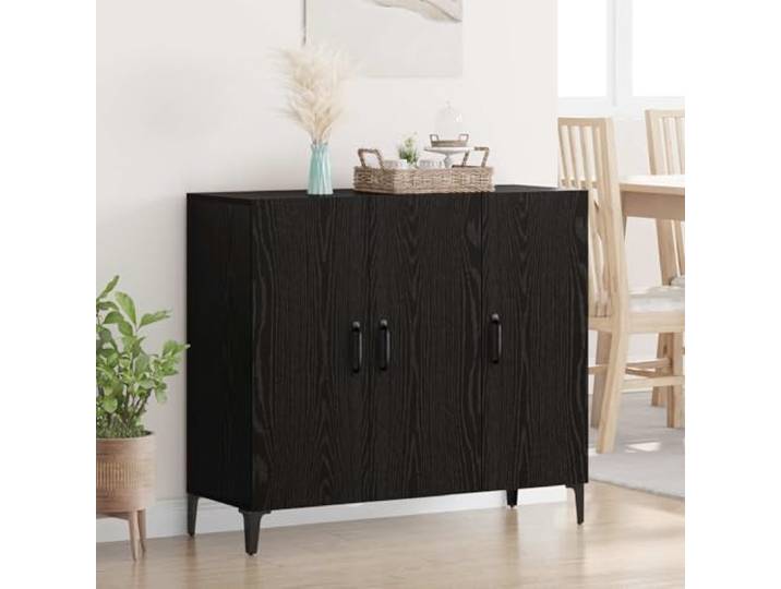 RJPLMFV Anrichte aus Holz, 34 x 90 x 80 cm, Schwarz Geräumige Aufbewahrung, bündige Türen, schwarze Stangengriffe, Wohnzimmer, Geschirr und Bücher