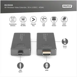 Digitus DS-55324 (30 m, HDR), Wireless Transmitter, Schwarz, Grau, Silber