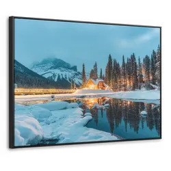 LEINWAND Bilder mit Rahmen - Winterlandschaft - Natur - Haus - Berge - Schnee - 100x70