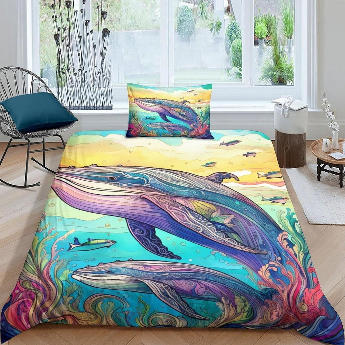 Walvis Dekbedovertrek Set met Verborgen Ritssluiting - Kleurrijk - 135x200 cm