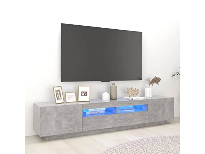 TV Unterschrank mit RGB LED-Beleuchtung Betongrau TV Möbel 200x35x40 cm mit zwei Schränken (eine Beleuchtung, eine ohne) schafft Ordnung für Ihre Geräte und Medien