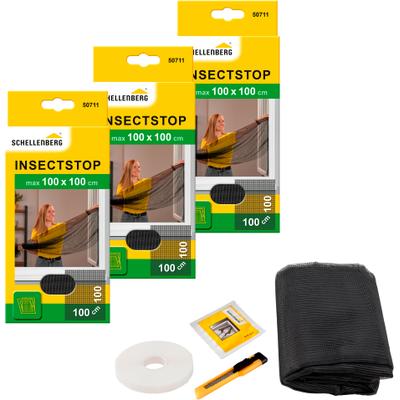 SCHELLENBERG "für Fenster ohne bohren" Set, 3 Stk. tlg. Insektenschutz inkl. Befestigungsband, 100 x 100 cm, weiß, anthrazit