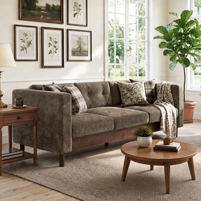 Loedds 78-Inch 3-Seat Chenille Sofa with Tufted Back & Pillows & Wood Legs