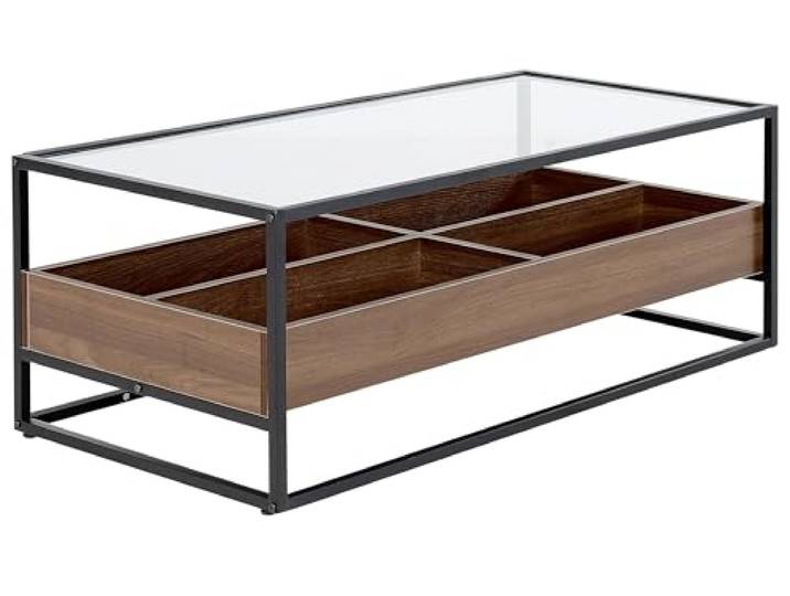 Beliani Moderner Couchtisch Glasplatte Metallgestell dunkler Holzfarbton/schwarz Waco
