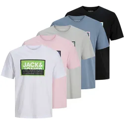 JACK&JONES Herren T-Shirts, 5er Pack - JCOLOGAN SUMMER PRINT, Rundhals, Baumwolle Rosa/Weiß/Schwarz / M