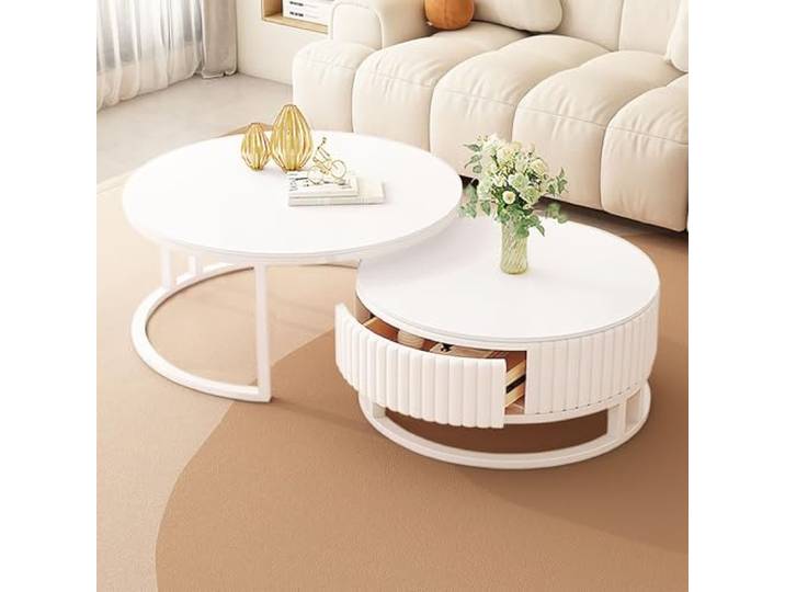 SeraphicCharm Marmor Couchtisch Rund Weiss Mit Stauraum Runder Couchtisch Weiß 2er Set 50+70cm Wohnzimmertisch Modern Mit Holz Schublade Satztische Fürs Wohnzimmer Tisch Ausziehbar Couchtische