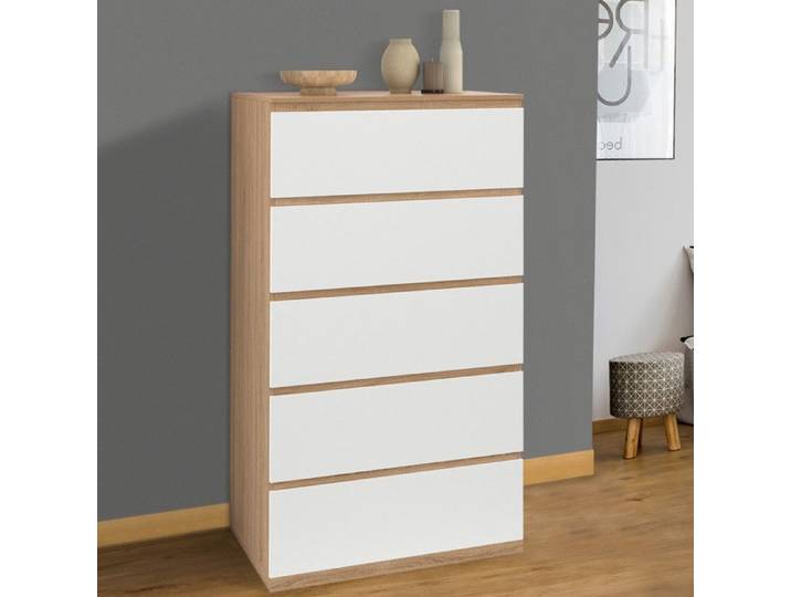 IDMARKET Chiffonnier 5 tiroirs TOMI 60x40x100 cm commode semainier bois façon hêtre et blanc