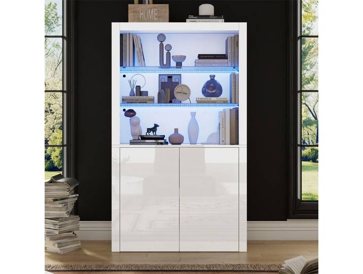 DRIPEX Vitrine avec éclairage LED Vitrine brillante avec deux portes et plateau d'exposition en verre trempé 100x35x170cm Blanc