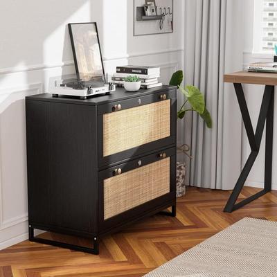 VINGLI Wood Rattan 2-Drawer Lateral File Cabinet with Lock for Home Office