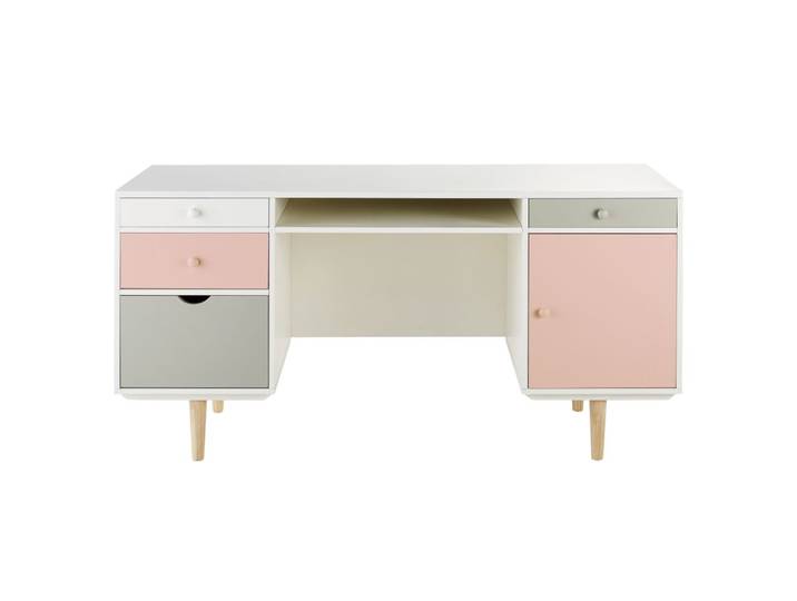 Schreibtisch, 1 Tür, 4 Schubladen, weiß, grau und rosa