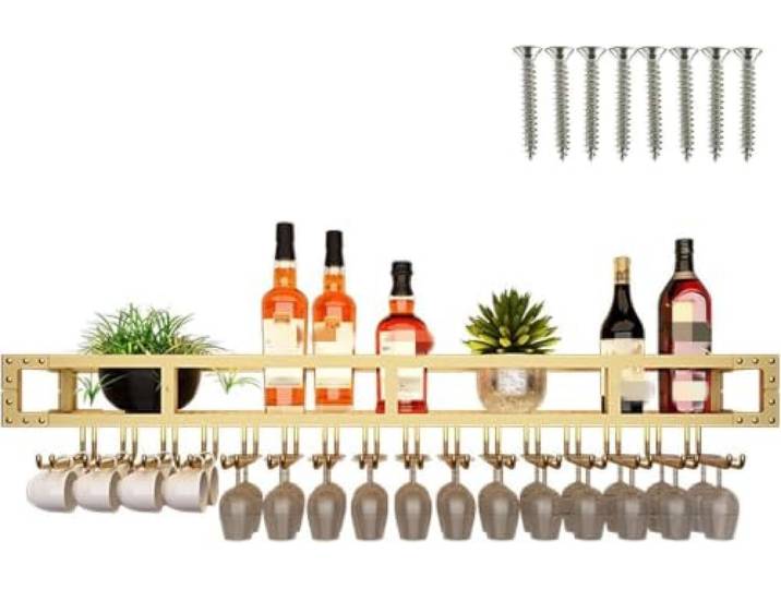 LigedamaiEU Industrieller hängender Weinflaschenhalter, Weinlagerregale for zu Hause, wandmontiertes Hängeregal for die Küche, Glas-Organizer(Gold,100cm)