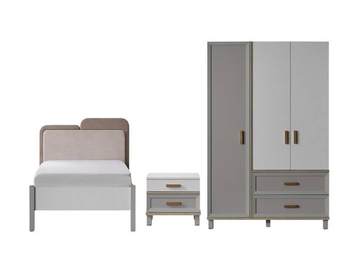 Villa Möbel Jugendzimmer-Set Milly, (Jugendzimmer-Set, 3-tlg., Bett mit Kopfteil, 1 x Nachttisch und 3 trg. Kleiderschrank), Bett Schrank Kommode Schreibtisch mit viel Stauraum und Ordnung
