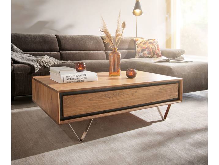 DELIFE Couchtisch Stonegrace 115x60 cm Akazie Natur 2 Schubladen Steinfurnier