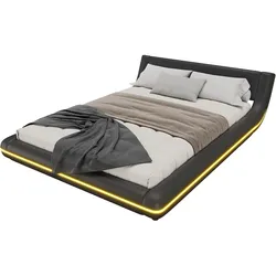 MODFU Flachbett 140x200 mit LED-Umgebungslicht, PU und MDF, Schwarz, modernes Design, App-gesteuert, ideal für Schlafzimmer