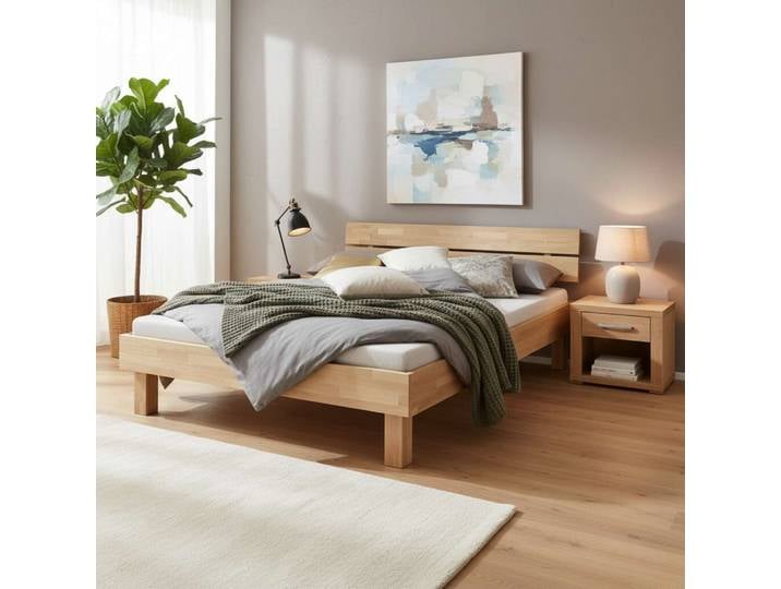 Bettgestell, Massivholz Eiche, Braun, 140×200 cm, 76 cm Höhe, Hasena