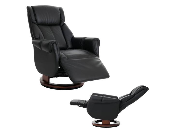 MCA Relaxsessel + Aufstehhilfe HWC-N58, Fernsehsessel Liegesessel Fußstütze Holz Leder schwarz, Holz walnussfarben