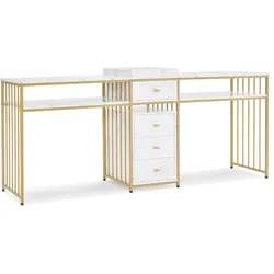 M MCombo Doppelnageltisch mit Schubladen, Schreibtisch mit Regal, Manikürtisch,  Schminktisch ohne Spiegel Wohnzimmer Modern, Marmor-Weiß Gold, 50 x 200 x 86cm, 2413